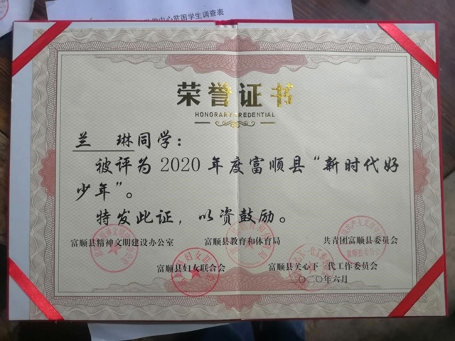 兰琳县“新时代好少年”荣誉证书