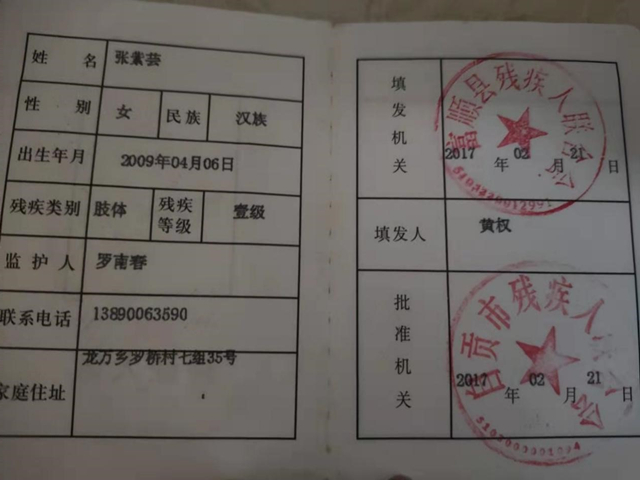 张紫芸的残疾证明