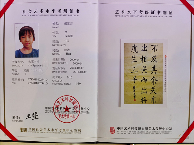 张紫芸的获奖证书、考级证书3