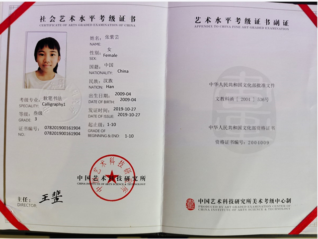 张紫芸的获奖证书、考级证书4