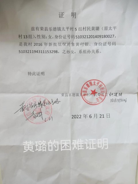 黄璐困难证明